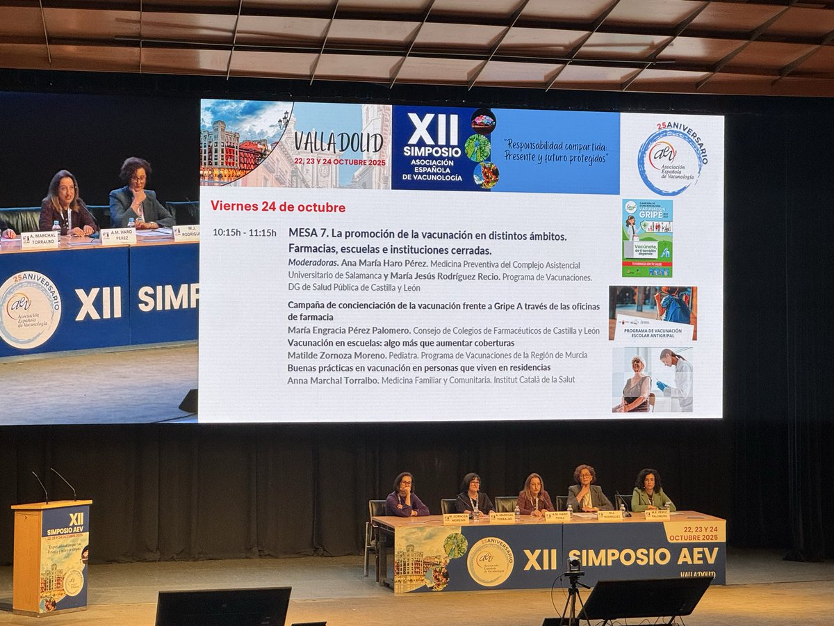 Comienza la 7 mesa de la XII AEV !!! Promover la vacunación donde está la gente: farmacias, escuelas, residencias. Estrategias que funcionan. #gripe #Vacunación #AEValladolid25