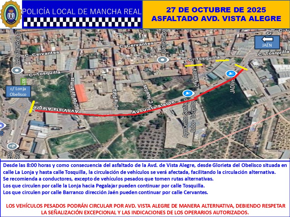 🚧ASFALTADO AVENIDA VISTA ALEGRE 🚧
27 DE OCTUBRE DE 2025
Desde las 8:00 horas y debido al asfaltado de la Avd. Vista Alegre, se verá afectada la circulación de vehículos.