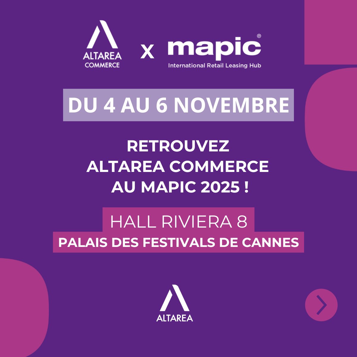 altarea_groupe's tweet image. 🎯 Du 4 au 6 novembre, Altarea Commerce sera au #MAPIC2025.

Venez rencontrer l&apos;équipe au Palais des Festivals de Cannes, au sein du hall Riviera 8 ! 

🎤 Le 5 novembre de 11h05 à 12h, Alain Taravella prendra également la parole lors du French Summit.

mapic.com/fr-fr.html
