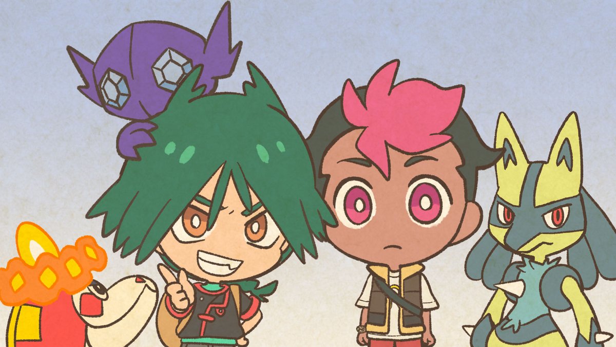 #アニポケカメラ📸

アニポケ第92話にて
ウルトがロイを探す時に
街中の人に見せていた写真、覚えていますか？

その時の撮影風景をお届け！

ロイの近くに黄色い #ルカリオ が💥

#ヤミラミ と #アチゲータ は
また小競り合いしていたようですね…

(by #もじゃクッキー <a href="/mojacookie/">もじゃクッキー</a>)