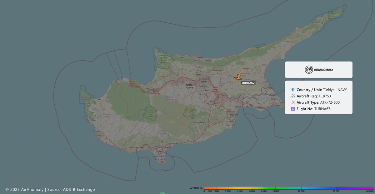 AirAnomaly's tweet photo. 🇹🇷 Turkish Navy ATR-72-600 (Reg: #TCB753 | Flight: #TURNA67) is currently operating over Northern Cyprus.
#AirAnomaly #TurkishNavy #ATR72 #ISR #EasternMediterranean https://t.co/it3LOYwOY1