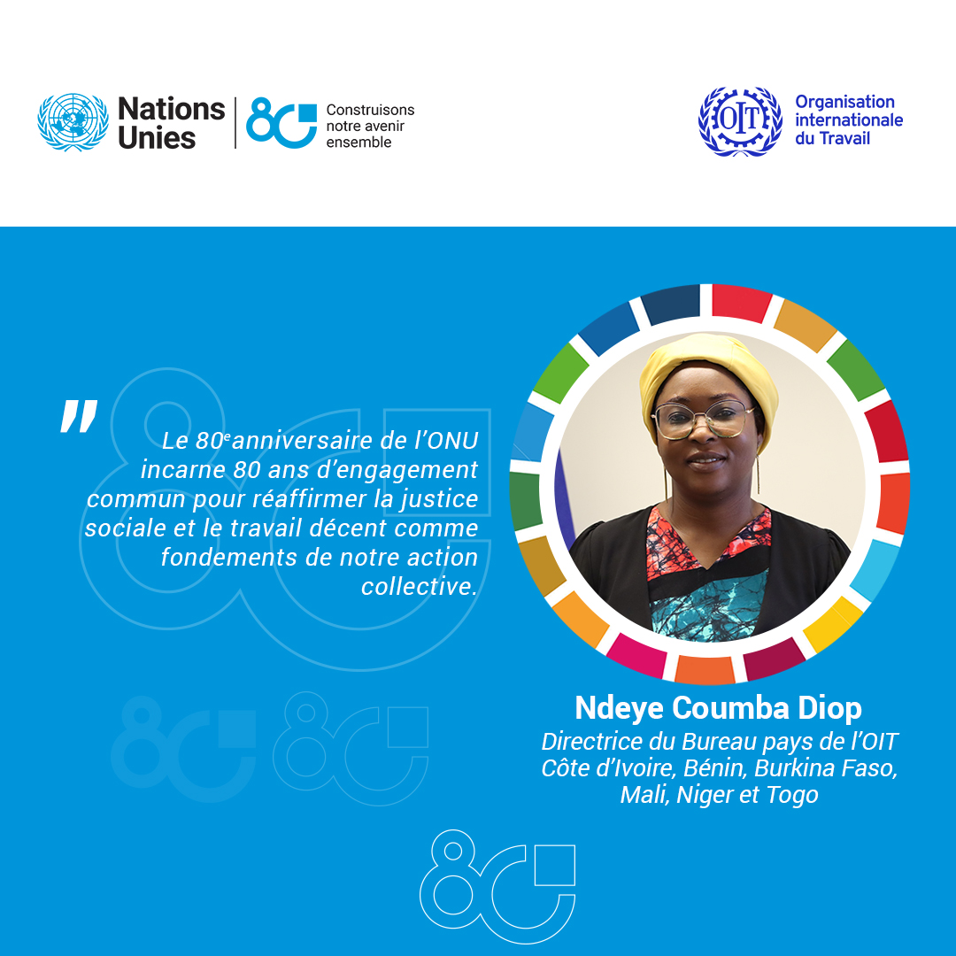 À l’occasion du 80e anniversaire de l’<a href="/ONU_fr/">Nations Unies (ONU)</a>, <a href="/OITAbidjan/">OIT Abidjan</a> réaffirme, à travers <a href="/DiopNdeyeCoumba/">N'Deye Coumba Diop</a>, son engagement commun en faveur de la #JusticeSociale et du #TravailDécent, fondements de notre action collective.

#ONU80 #UNDay2025