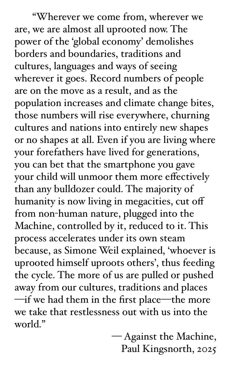 wrathofgnon's tweet photo. “Even if you are living where your forefathers have lived for generations, you can bet that the smartphone you gave your child will unmoor them more effectively than any bulldozer could.” 
— Against the Machine, Paul Kingsnorth, 2025 https://t.co/A3OfrdFwx8