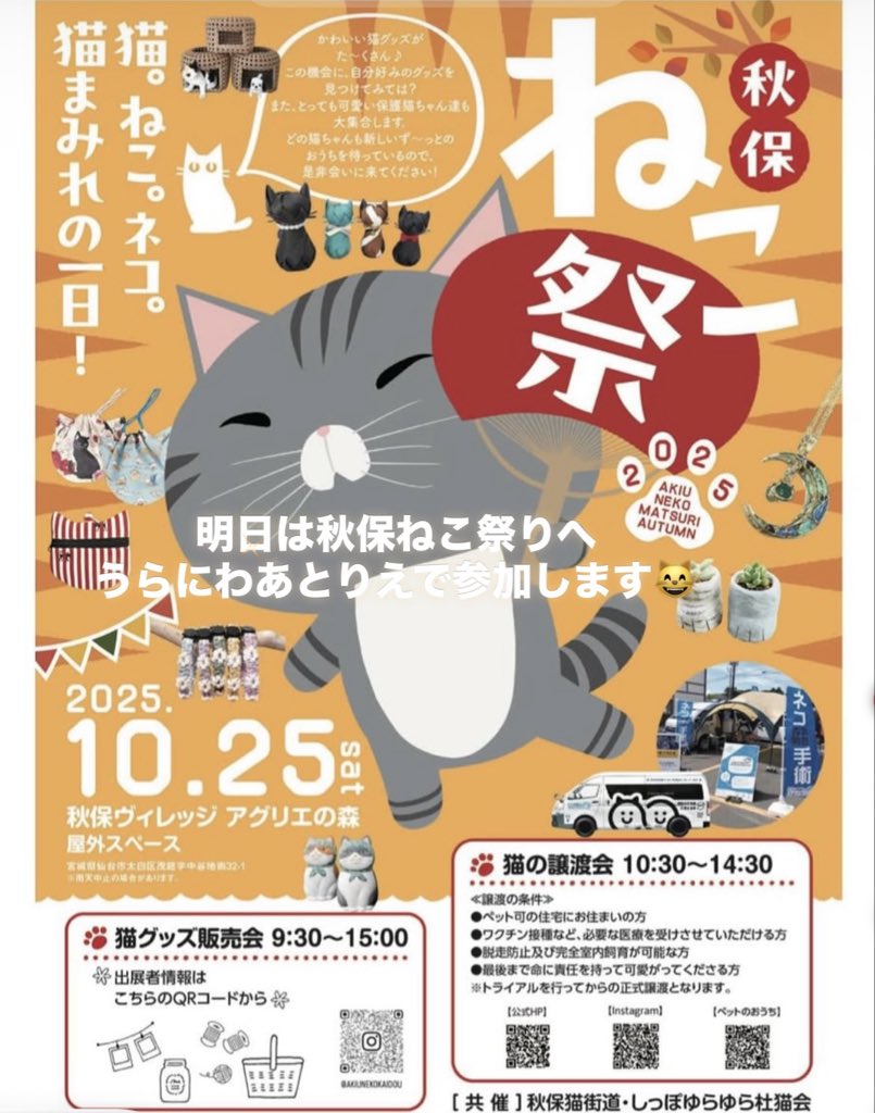nekonatsuko's tweet photo. 明日はうらにわあとりえで秋保ねこ祭りへ参加します😸✨ そしてドキドキの放送🤭✨宮城県の皆さんはぜひ見てね🐾 #うらにわあとりえ
#東日本放送 #khb5 #ねこ #にゃんこけし #看板猫 #ねこ祭り #保護猫譲渡会
#秋保ヴィレッジ https://t.co/Kp7UwVITy9