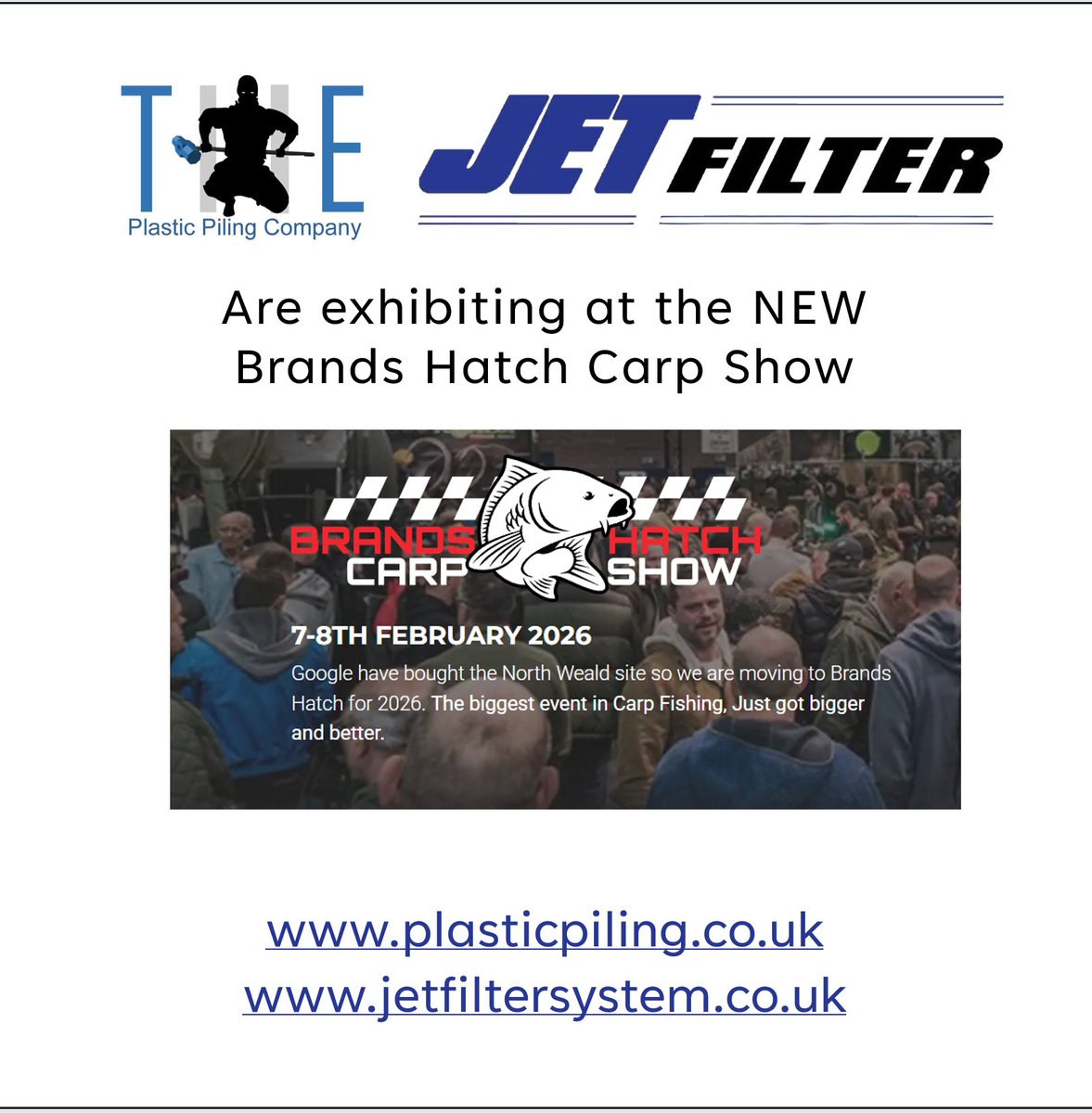 JETFilterSystem's tweet image. JETFilter is exhibiting at the New Brands Hatch Carp show in February 2026.

#weephole
#Filter 
#soilerosion
#JETFilter
#piling
#sheetpiling
#plasticpiling
#vinylsheetpiling
#pvcpiling
#steelpiling
#trenchsheets
#concrete
#retainingwalls
#bridgeabutments