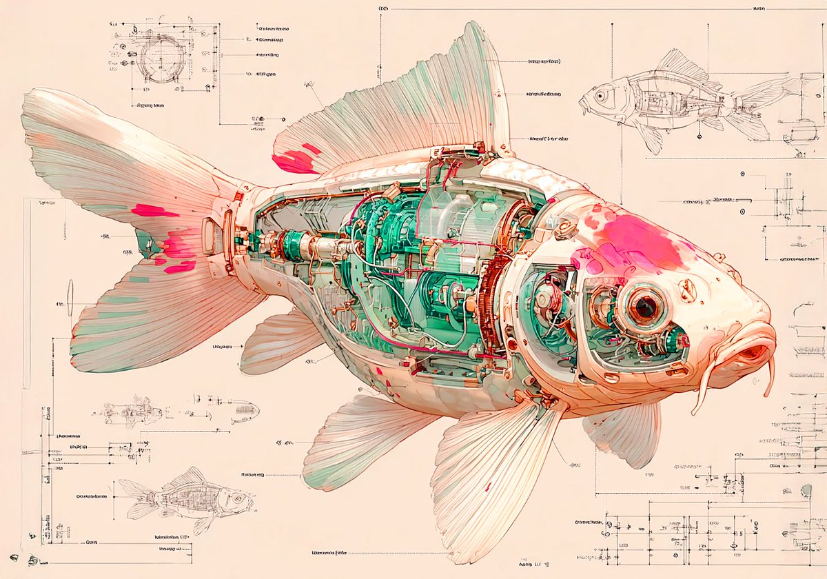phokuinc's tweet image. Mechanical Nishikigoi 錦鯉 with inner mechanical & electrical component core, overall rendered in white and red accents, semi flat view with 3d render view, line art, high detail #midjourney #SciFiDesign #RobotArt #AIart