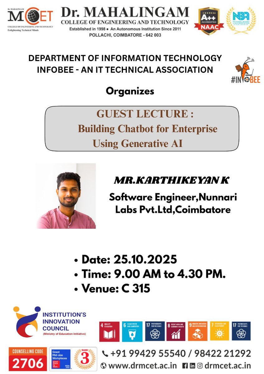mcetit's tweet photo. Dept. of IT is organizing  Guest Lecture on“Building Enterprise Chatbots Using Generative AI.”
 🎓 Resource Person:
 Mr. Karthikeyan K
 Software Engineer,Nunnari Labs https://t.co/ujW8OgxltL,Coimbatore
 📅 Dates: 25th October 2025
 🕘 Time: 9:00 AM – 4:30 PM
 📍 Venue: C315, MCET https://t.co/XV5fsAHcJT