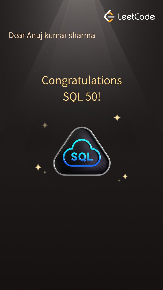 anujSharma308's tweet image. Completed SQL 50! ✅
Finished all 50 SQL problems covering queries, joins, window functions, and database management.
Great practice for strengthening data skills.
#SQL #Database #Programming