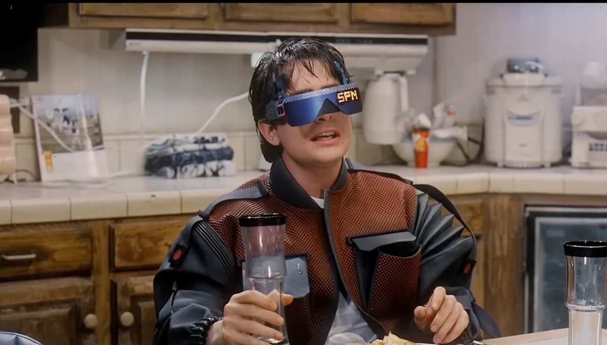 ASychov's tweet photo. Since it is a 40th anniversary of Back To The Futre, I would like to remind everyone that this is how people imagined XR in 1985😅

I don't think we are too far away from that, but I hope this is NOT the way we use these devices when around family& friends😆(but we kinda do)