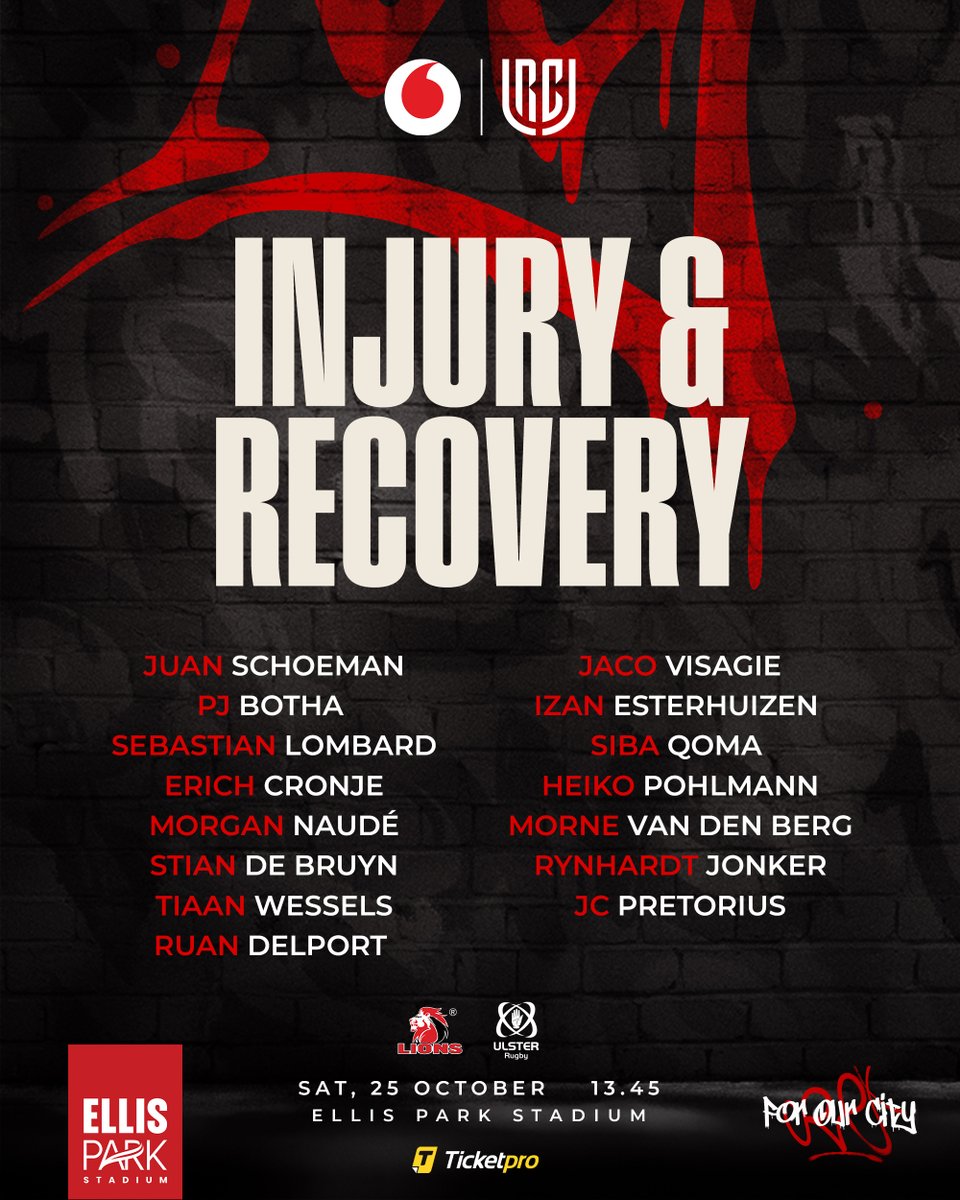 Let's do this #ForOurCity. Here's your match 23 to face Ulster at Ellis Park Stadium.
Get your tickets now bit.ly/4h8nqQ0

<a href="/Vodacom/">Vodacom</a>  #URC | #ForOurCity | #LIOvULS
#LionsPride🦁