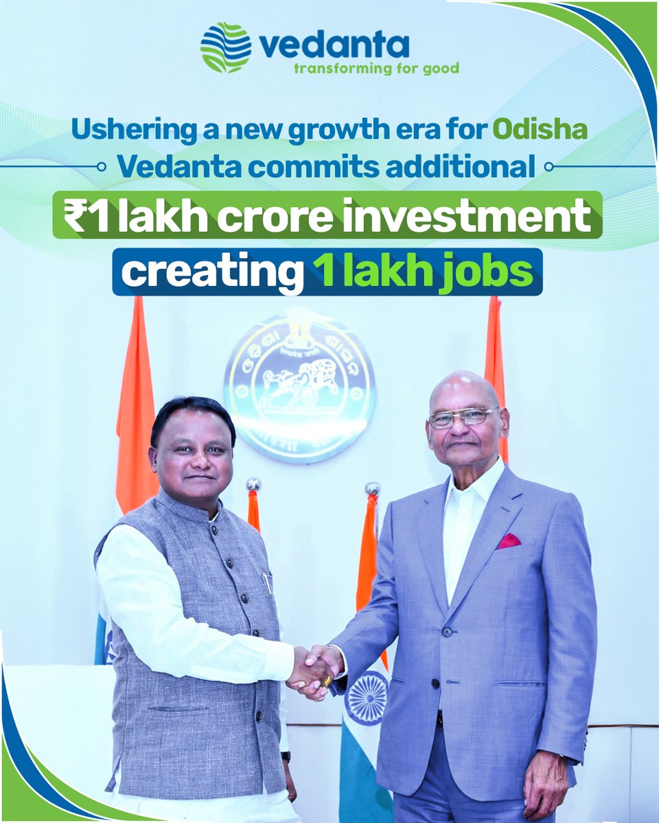 In a transformative meeting with Hon’ble Chief Minister of Odisha, Shri Mohan Charan Majhi, Vedanta Chairman Anil Agarwal committed additional investments of ₹1 lakh crore in the state, creating over 1 lakh job opportunities. 

The investment, including the Aluminium Park at