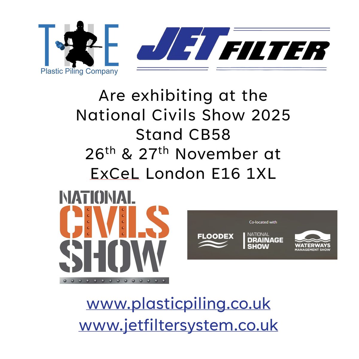 JETFilterSystem's tweet image. THE JET Filter Systems UK &amp;amp; The Plastic Piling Co. are pleased to confirm that we will be exhibiting at The National Civils Show November 26th and 27th. 
Stand CB58 at ExCeL London.
#plasticpiling
#piling
#vinylsheetpiling
#sheetpiling
#civils
#JETFilter
#floodex
#drainageshow