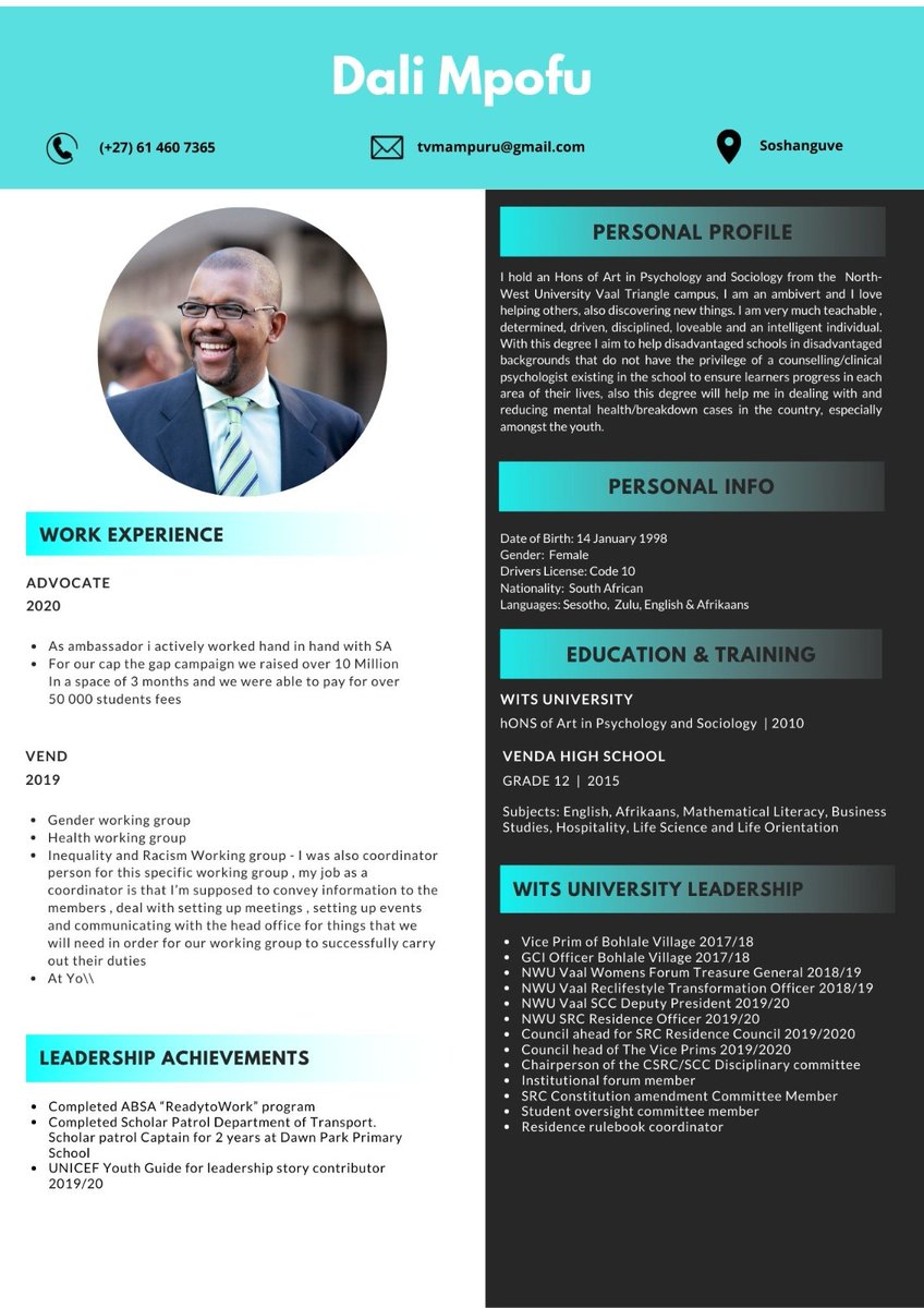 TJs Career Connect Pty (Ltd) Services 👇

CV Revamp: R100 + FREE Cover Letter
Poster/ Business card: R150
Business Profile: R250
Logo: R150
Business Registration: R500

Call/WhatsApp: +27614607365

Bheki Cele / Mchunu / Matlala / Zuma / Zama Zama / Witness B / Amapanyaza