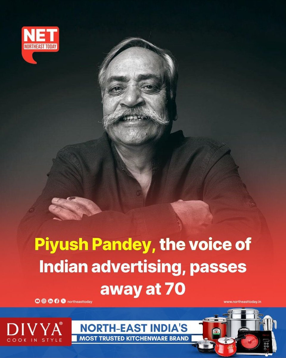 NortheastToday's tweet image. #NetSnippet | Renowned advertising pioneer Piyush Pandey, widely regarded as the voice and soul of Indian advertising, passed away on Thursday at the age of 70.
Pandey, whose career spanned over four decades, was synonymous with Ogilvy India and played a pivotal role in shaping…