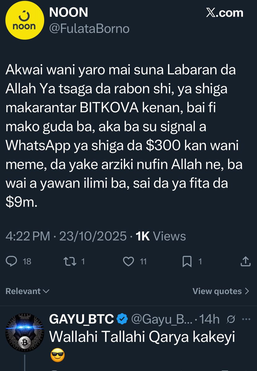Gayu_BTC's tweet image. According NOON: There was a boy named Labaran, whom God blessed with fortune. He joined BITKOVA academy, and within less than a week, they gave a signal on WhatsApp. He invested $300 in a meme, and since wealth is God&apos;s will, not just a matter of knowledge, he ended up making $9…