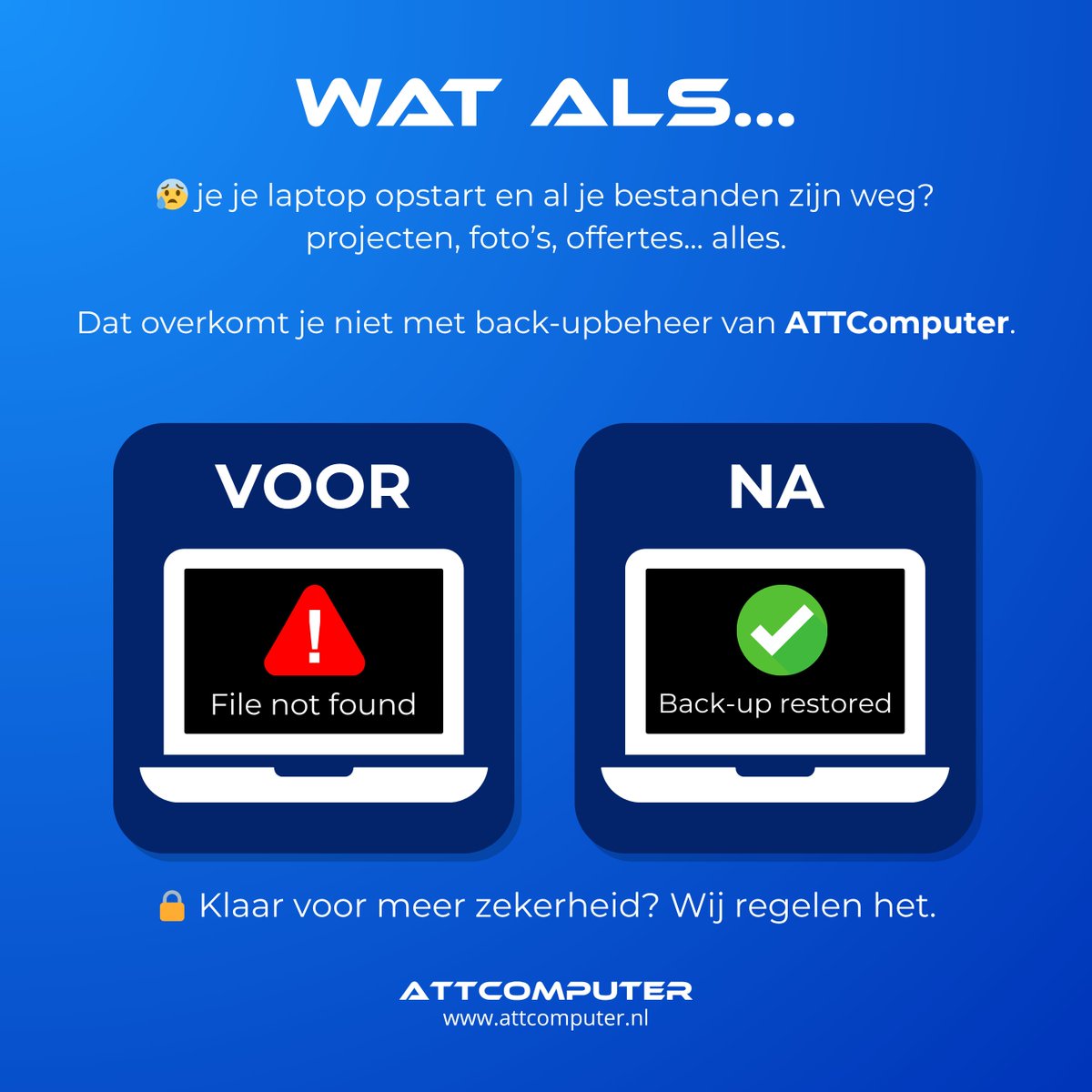 Attcomputer's tweet image. 😰 Eén fout en al je bestanden zijn weg.

Projecten, foto’s, offertes – alles.
Met de back-upbeheer van ATTComputer blijft jouw data beschermd. 🔒

#CyberSecurity #ATTComputer #MKB #BackUp #DataProtection #ITondersteuning