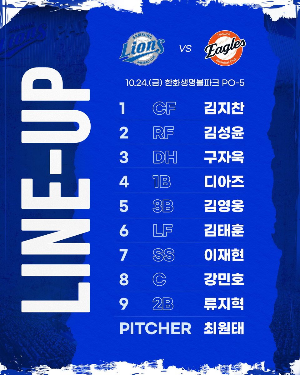 ⚾2025 PO 5차전⚾

#오늘의라인업
🗓 2025년 10월 24일 금요일
🕡 18:30
🏟 @한화생명볼파크
🦁 SP NO.3 #최원태
🆚 한화 이글스
📺 중계 MBC