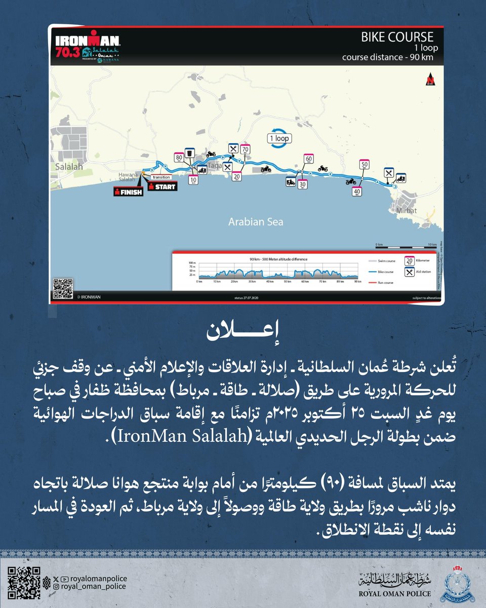 شرطة عُمان السلطانية (@royalomanpolice) on Twitter photo تُعلن شرطة عُمان السلطانية ـ إدارة العلاقات والإعلام الأمني ـ عن وقف جزئي للحركة المرورية على طريق (صلالة ـ طاقة ـ مرباط) بمحافظة ظفار ، وذلك صباح يوم غدٍ السبت 25 أكتوبر 2025م تزامنًا مع إقامة سباق الدراجات الهوائية ضمن بطولة الرجل الحديدي العالمية (IronMan Salalah). تُعلن شرطة عُمان السلطانية ـ إدارة العلاقات والإعلام الأمني ـ عن وقف جزئي للحركة المرورية على طريق (صلالة ـ طاقة ـ مرباط) بمحافظة ظفار ، وذلك صباح يوم غدٍ السبت 25 أكتوبر 2025م تزامنًا مع إقامة سباق الدراجات الهوائية ضمن بطولة الرجل الحديدي العالمية (IronMan Salalah).
