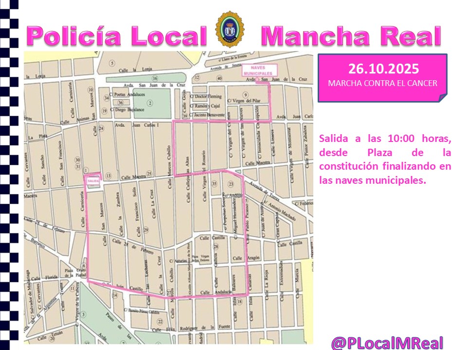 El próximo día 26 de octubre de 2025,  a partir de las 10,00 h, desde la Plaza Constitución, se llevará a cabo la marcha a pie contra el cáncer por el itinerario que se indica. ⬇️