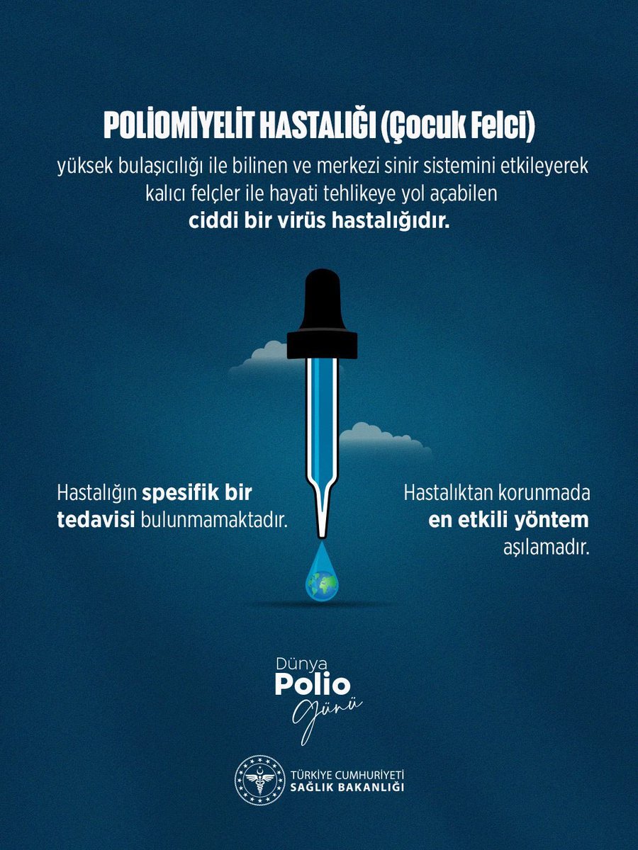 Poliomiyelit hastalığı yüksek bulaşıcılığı ile bilinen ve merkezi sinir sistemini etkileyerek kalıcı felçler ile hayati tehlikeye yol açabilen ciddi bir virüs hastalığıdır.

#DünyaPolioGünü