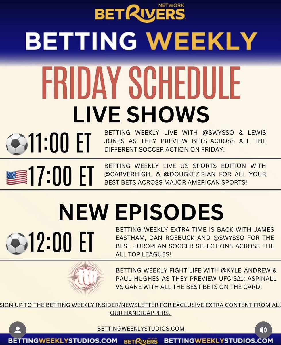 Friday schedule 
<a href="/meatmansoccer/">Steve Wyss</a> <a href="/LewisJonesKnows/">Lewis Jones</a> <a href="/CarverHigh_/">Mike Carver</a> <a href="/DougKezirian/">Doug Kezirian</a> <a href="/danroeb/">danroe</a> <a href="/james_eastham/">James Eastham</a> <a href="/HughesyOnSports/">Paul Hughes</a> <a href="/KyleAndrewTweet/">Kyle Andrew</a> 
The Betting Weekly Insider will be sent to subscribers 📥 today and it’s FREE !!!
Get the ultimate betting guide to the weekend ⚽️🏈🥊 🫵