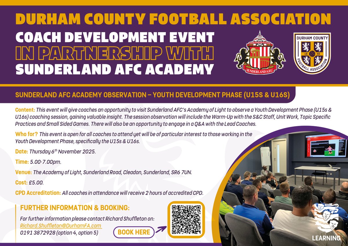 NEW - Coach Development Workshop in partnership with <a href="/AcademyOfLight/">SAFC Academy</a>

🔗 shorturl.at/K72FY

#SAFC #CoachCPD #DurhamFA