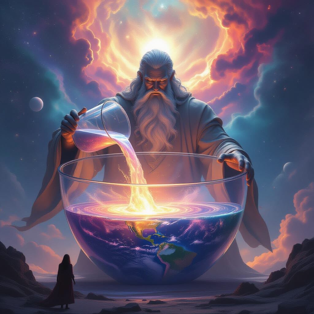 "Imagine the world in a giant mixing bowl with a god like figure standing behind it but looking to the front and pouring in ingredients. The ..." - made with @NightCafeStudio 

creator.nightcafe.studio/creation/m8Ftl…

#aiart #nightcafe #digitalart