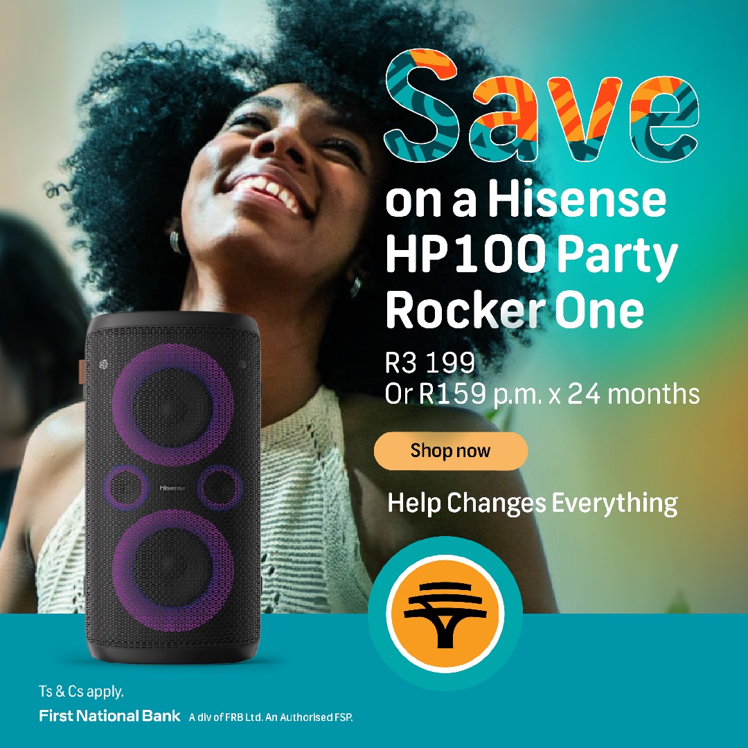 FNBSA's tweet photo. Summer is all about hosting the best parties. 💃 FNB Connect is helping you out by giving you a discount on the Hisense HP100 Party Rocker One. Save BIG 🔥 #FNBConnect #HisensePartyRocker https://t.co/TkgVPkaRDJ