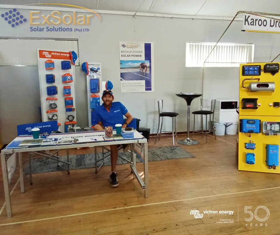 ExSolar1's tweet photo. Die ExSolar span is in Villiersdorp 24 &amp; 25 Oktober by dieVilliersdorp Agri Expo om met julle te praat oor hoe sonkrag saam met Victron Energy en PowerTrim jou kan help bespaar. Kom kuier gerus by ons stalletjie vir 'n geselsie en skryf in vir ons raffle. https://t.co/uFoN2u5oyR