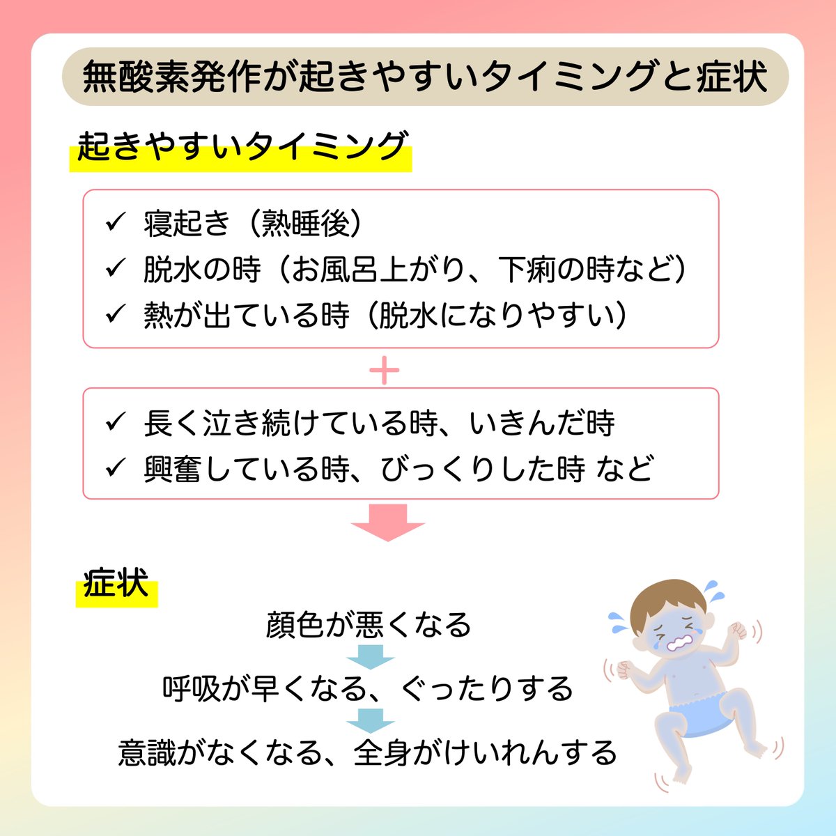 JSPCCS's tweet image. 公式Instagramからです！

今回は…
＼「無酸素発作」ってどんな症状？／

無酸素発作 (anoxic spell) は、ファロー四徴症で修復術をする前の、特徴的な症状の一つです。

✔︎起こりやすいタイミングは？
✔︎どんな状態になったら病院に行ったほうがいいのか？
✔︎無酸素発作を予防するためには？…