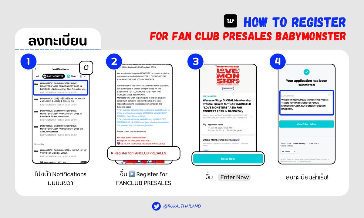 TeamRukaTH's tweet photo. [ 📖 ] HOW TO ลงทะเบียน Weverse Presales “LOVE MONSTER” Asia Fan Concert In Bangkok 2025

- วิธีลงทะเบียน
- วิธีเช็คสิทธิ์

หากสงสัยตรงไหนสอบถามได้ทาง DM ค่ะ🦥

#คู่มือโหวตรุกะ #RUKA 
#BABYMONSTER https://t.co/d8h9h3xBEf