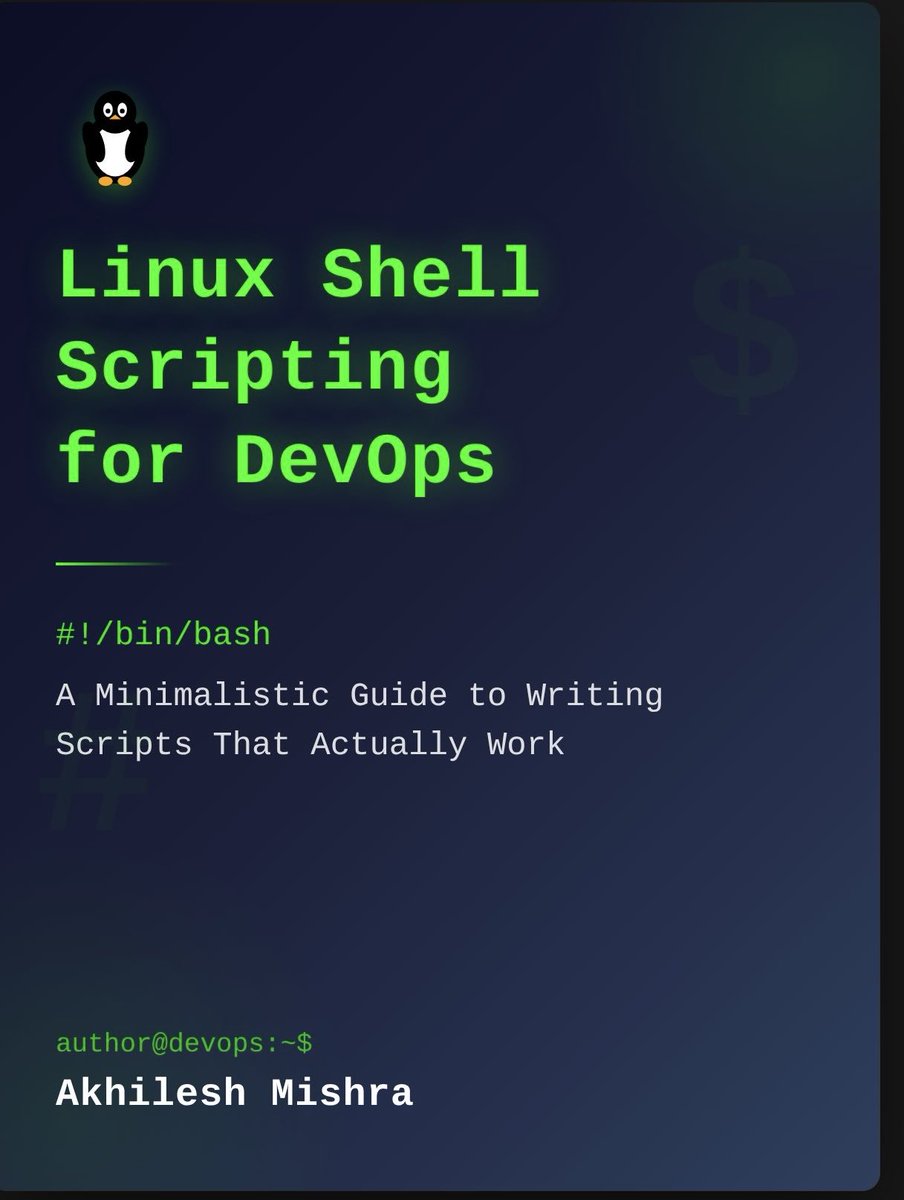 livingdevops's tweet image. Shell scripting is the one skill that separates DevOps engineers who panic during incidents from those who fix them in minutes.
I spent 8 years in Linux before I got into DevOps.
I wrote a minimalistic ebook on Linux shell scripting that will give you enough knowledge to start…