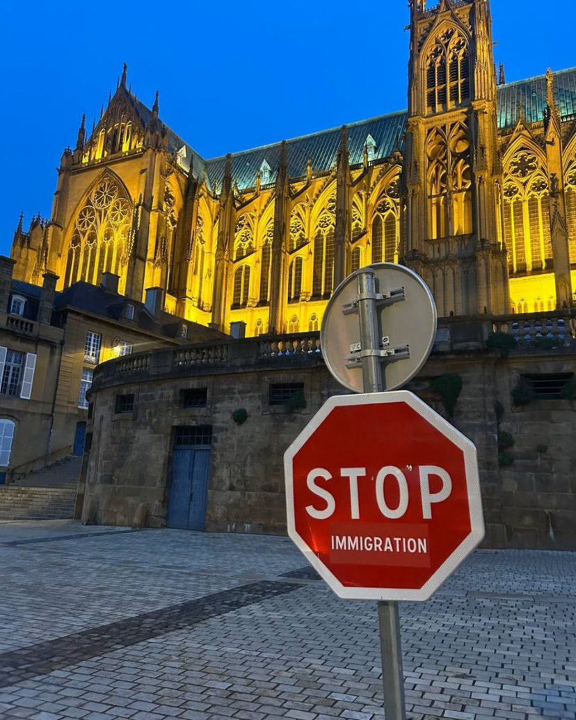 Frontieresmedia's tweet photo. 🚨 Action panneau « STOP IMMIGRATION » à Metz par les PATRIOTES d’ @AuroraLorr. https://t.co/HmvZJBICBJ