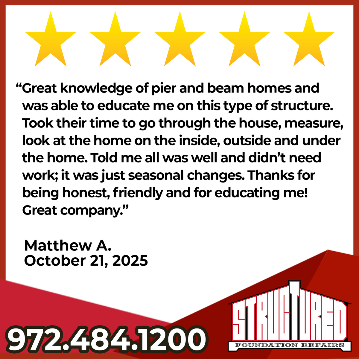 StructuredFound's tweet image. It&apos;s 5-Star Friday! Check out this recent 5-star review from Matthew A. Thank you, Matthew, for sharing your experience with Structured!  

#5starFriday #CustomerReview #FoundationRepair #NorthTexas #DFW #pierandbeam
