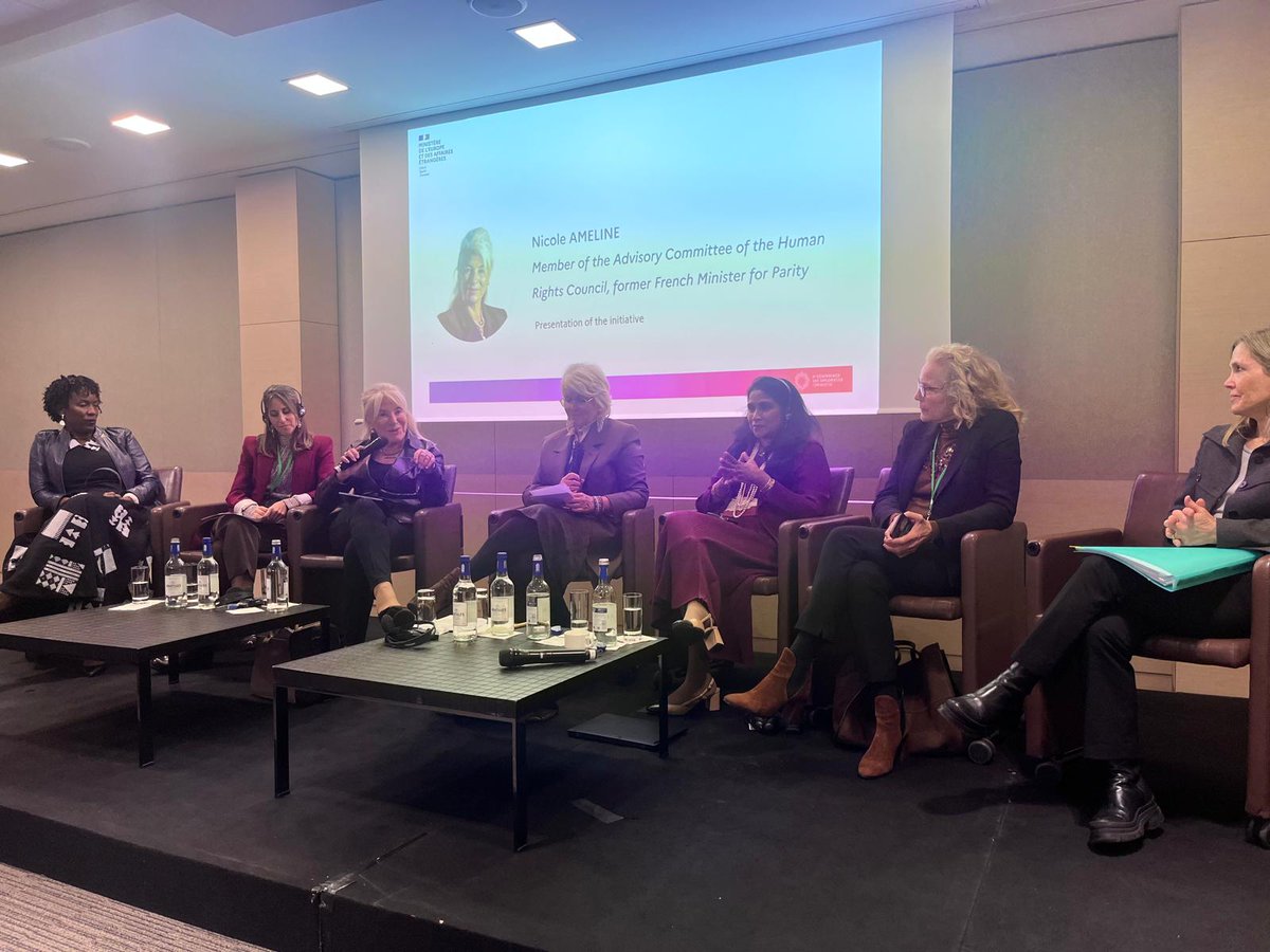 Feminist Foreign Policy hosted by French Ministry of Foreign Affairs. Here with Amb. Rome &amp; the Deputy Minister of Foreign Affairs Canada &amp; Nicole Ameline. I address that France &amp; Canada both call for aligning LAWS with Humanitarian Law &amp; WPS. 20 hrs in Paris