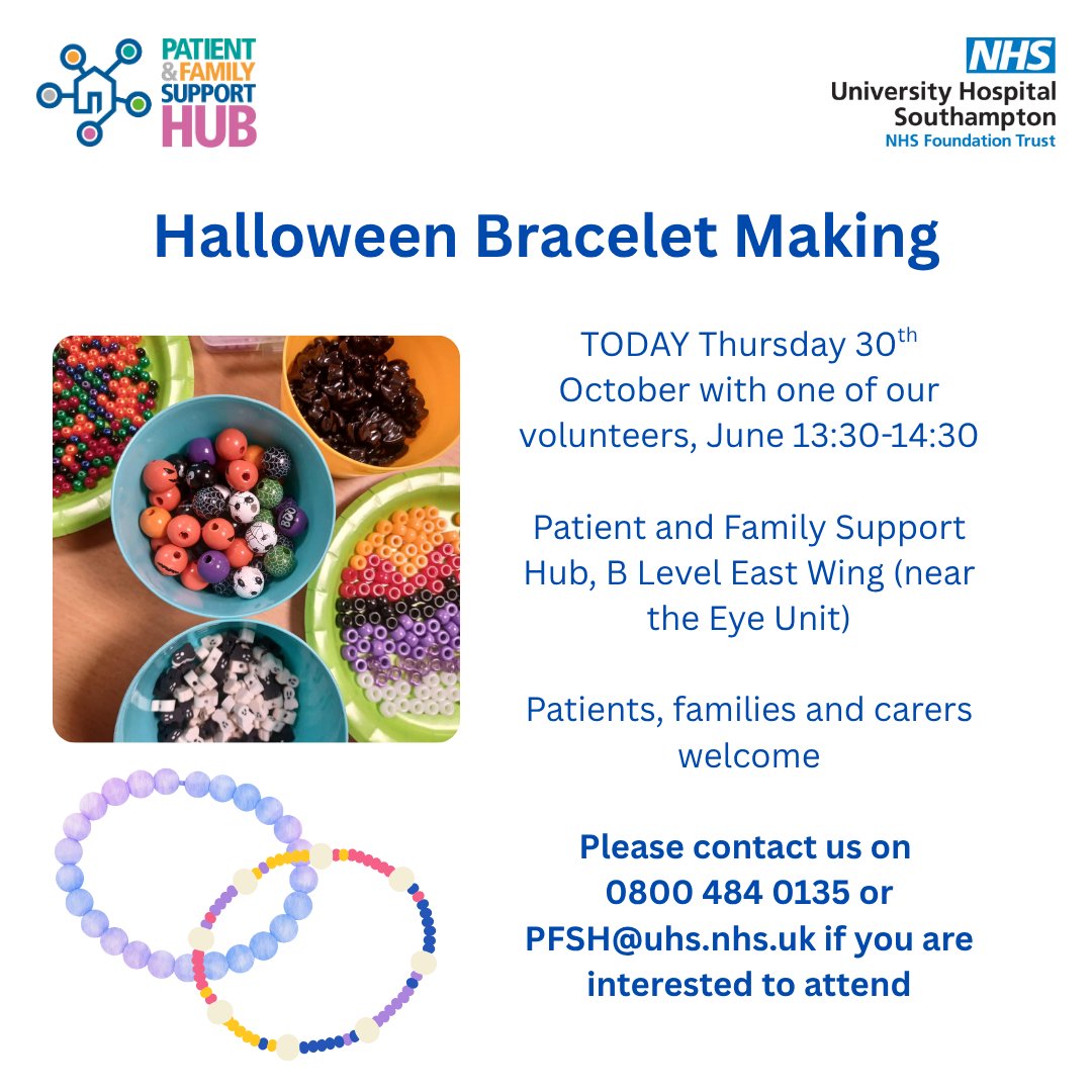 Patients, families and carers are welcome to join us this afternoon for our usual bracelet making session....with a spooky twist! Please see graphic for details🎃🧡