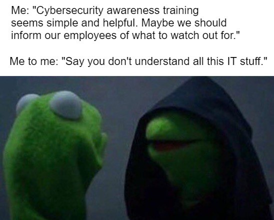 LGTECHMSP's tweet image. The devil on your shoulder, and the phrase that MSPs want to hear the least!

#CybersecurityAwareness #EmployeeTraining #MSPHumor #LGTechMSP