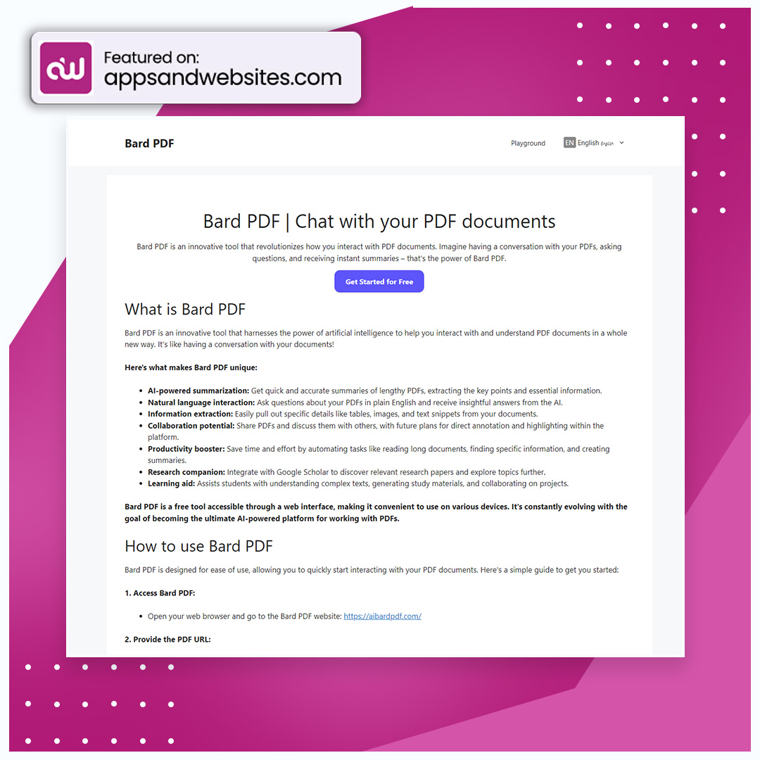 AppsandWebsites's tweet image. Ready to take your document analysis to the next level? 💡 Streamline your workflow and conquer information overload effortlessly.
#AIBardPDF #PDFgenius
#PDFsummariser
Visit the Apps & Websites directory for more awesome AI Tools: appsandwebsites.com/directory/ai-t…