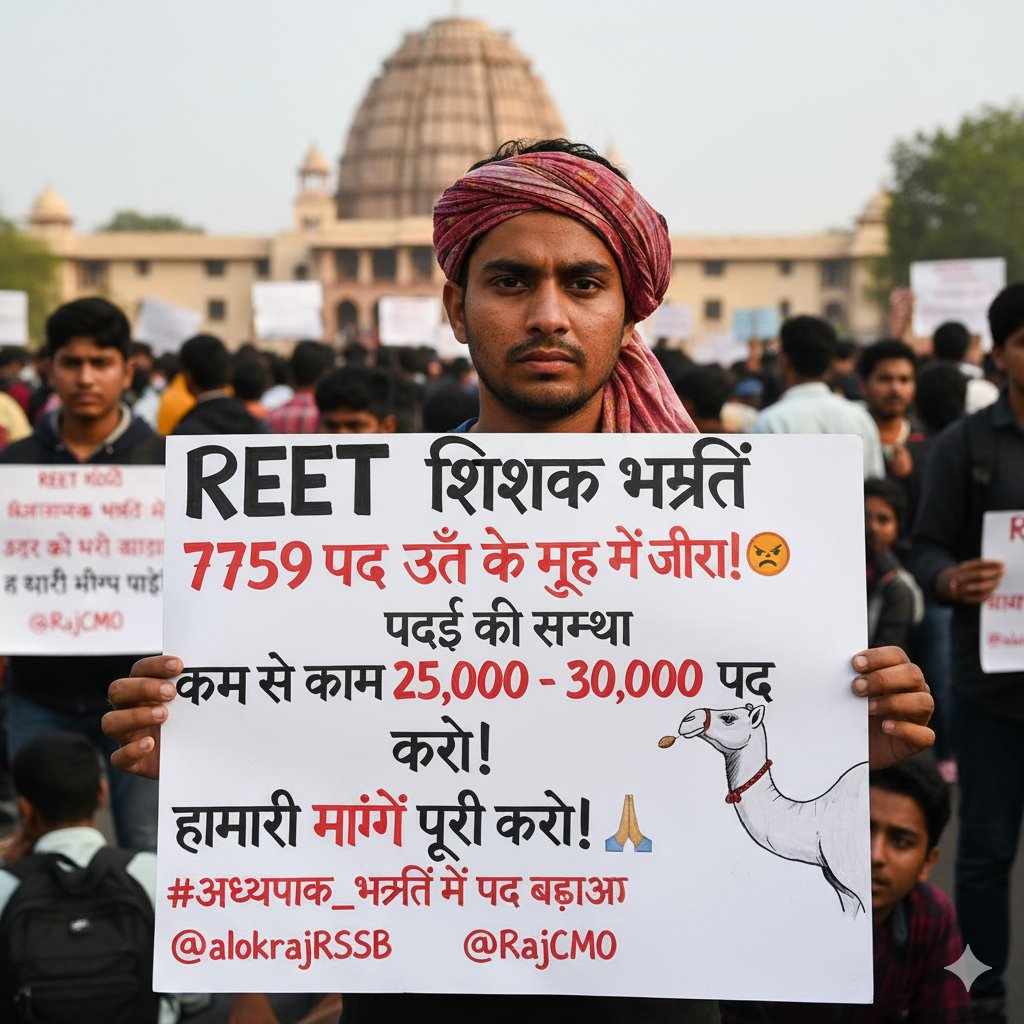 REET थर्ड ग्रेड भर्ती 7500 पद पर भर्ती आयोजित होने जा रही है ...

भजनलाल जी CM साहब रीट भर्ती यानि रीट मेला महोत्सव जिसमे लाखों-लाख आवेदन होगे और हर साल BSTC और B.ed करने वाले स्टूडेंट्स शामिल हो रहे...

फिर तो आपको पद बढाने चाहिए...

#थर्ड_ग्रेड_में_पद_बढ़ाओ

<a href="/RajCMO/">CMO Rajasthan</a>