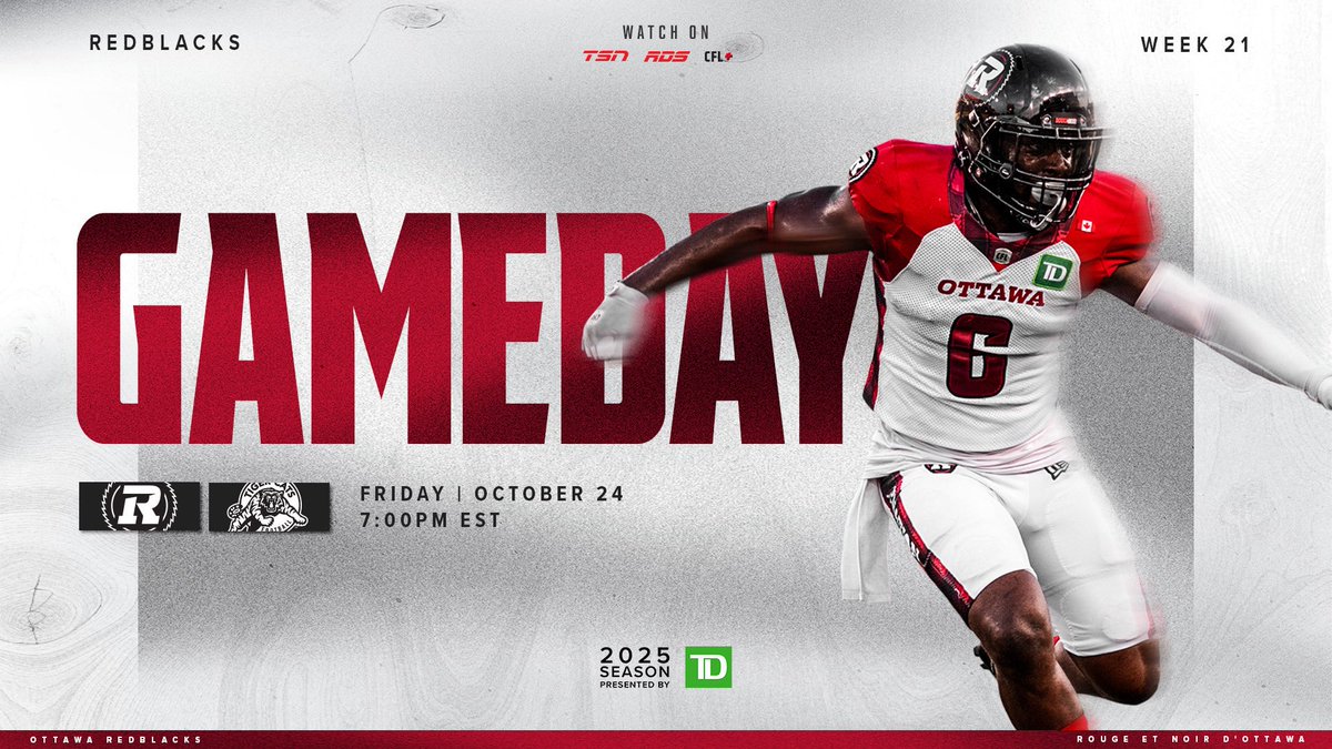 REDBLACKS's tweet image. FINAL GAME OF THE SEASON ‼️

📍Hamilton Stadium
🆚🐯
🕖 7PM ET
📺 | TSN / RDS
📻 | TSN 1200 / FM1047
💻 | CFL+