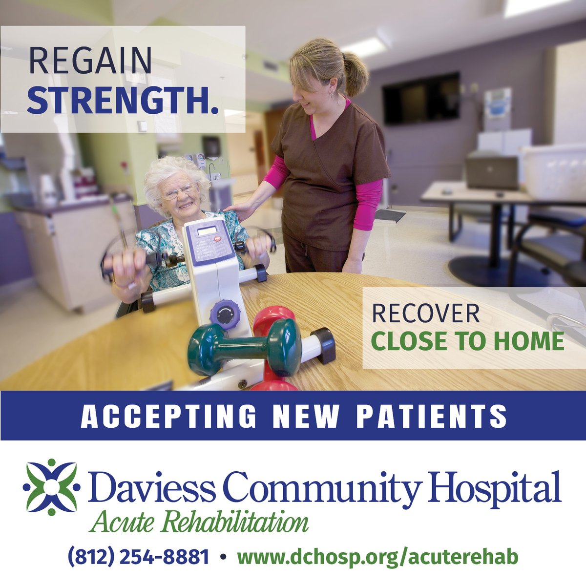 daviesscohosp's tweet image. Regain strength.
Recover close to home.
We’re accepting new patients for inpatient Acute Rehabilitation at Daviess Community Hospital.
📍 Washington, IN
📞 (812) 254-8881
🌐 dchosp.org/acuterehab
#RehabAtDCH #IndianaHealthcare #StrokeRecovery #PostSurgeryRehab