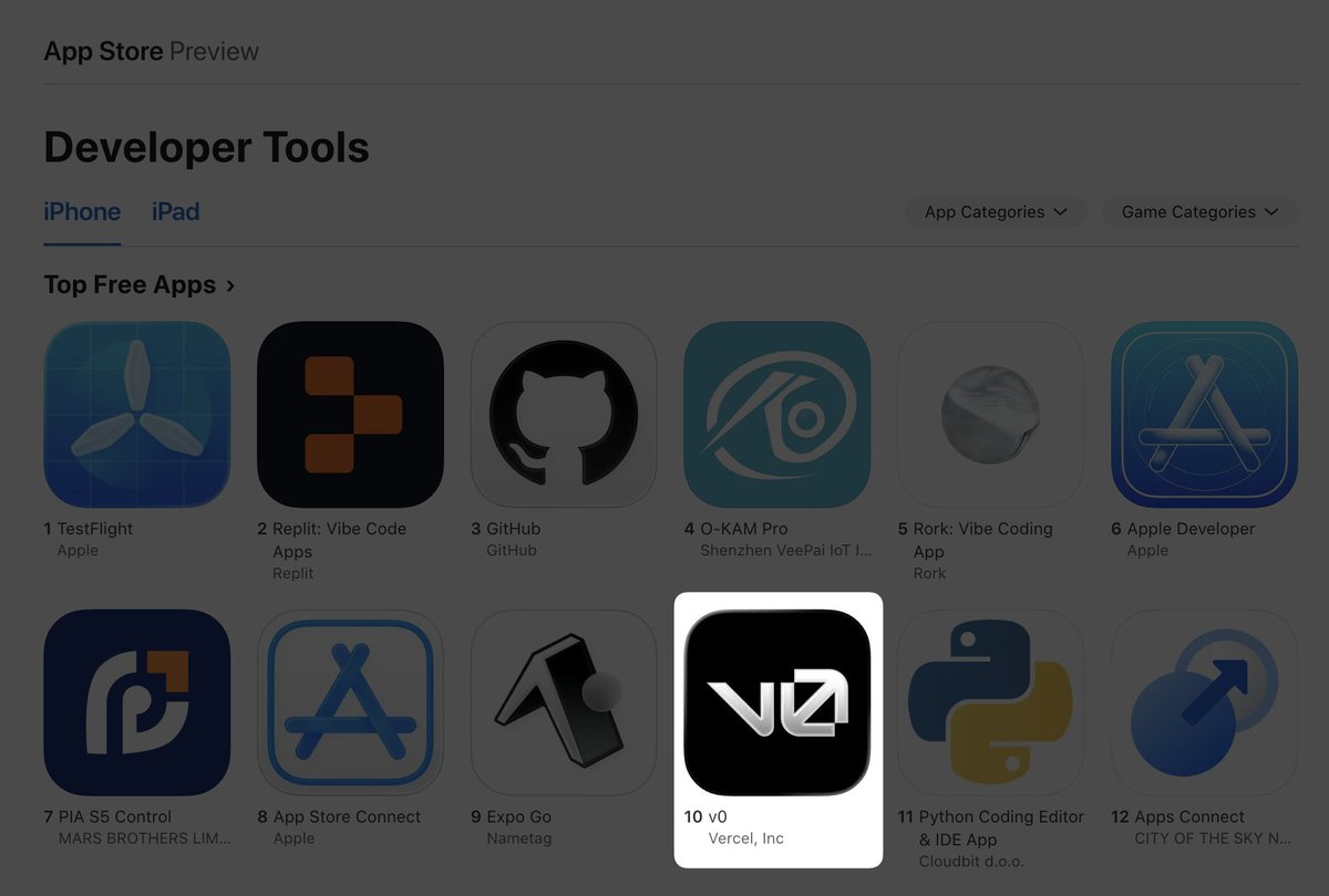 EstebanSuarez's tweet image. v0 iOS App just broke into the top 10 in Developer Tools on the App Store.
Huge congrats to @FernandoTheRojo @evilrabbit_ @f6ary and the whole team!
Try it here → v0.app/ios