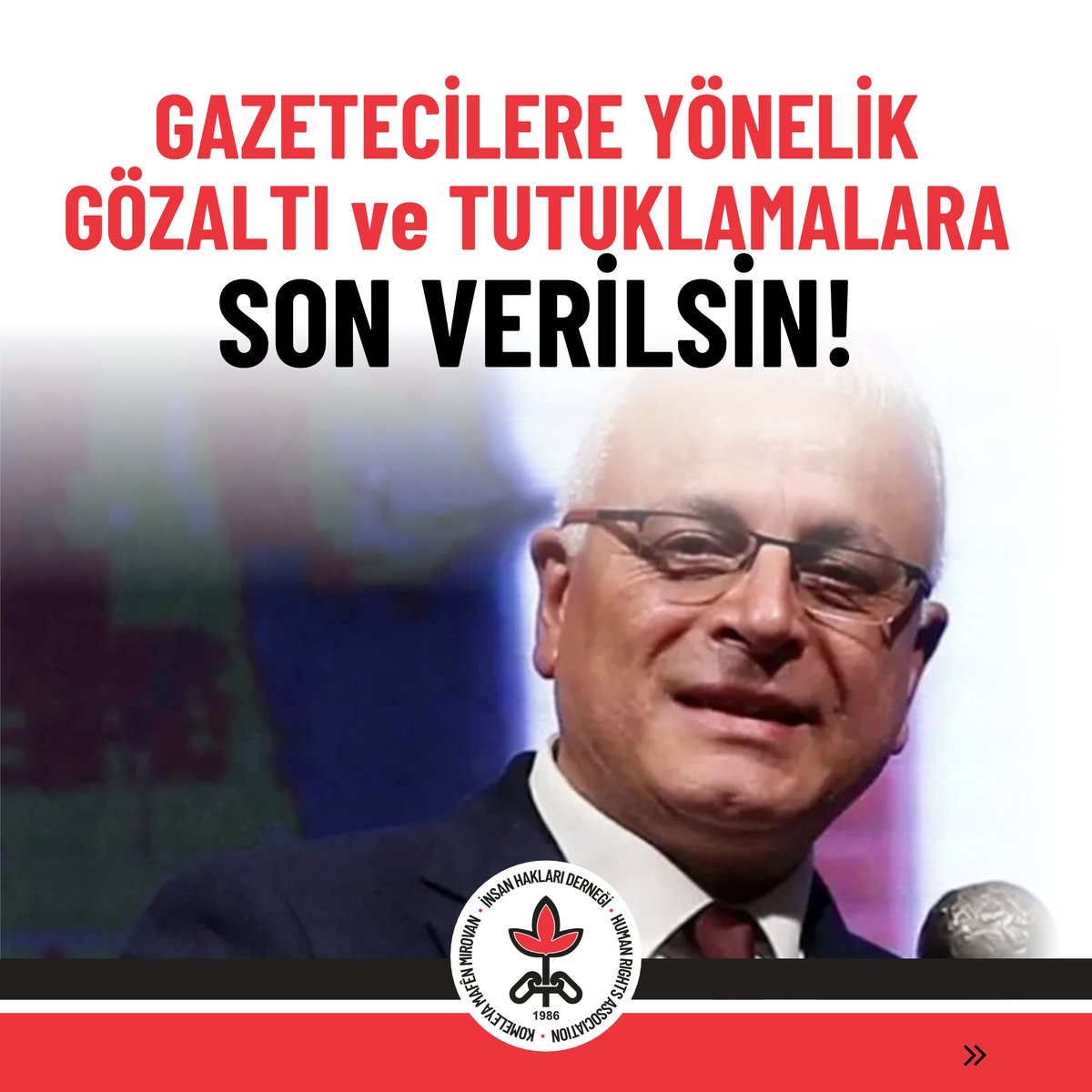 ihdgenelmerkez's tweet photo. Gazetecilere Yönelik Gözaltı ve Tutuklamalara Son Verilsin!
Basın özgürlüğü, düşünce ve ifade özgürlüğü demokratik rejimlerin en temel özelliklerindendir. Uluslararası Sınır Tanımayan Gazeteciler (RSF) örgütünün yayımladığı 2025 Dünya Basın Özgürlüğü Endeksi'ne göre Türkiye 180 ülke arasında 159. Sırada bulunmaktadır. 2025 yılı itibariyle onlarca gazeteci halen hapishanededir. Ayrıca adli kontrol vb. uygulamalarla onlarca gazeteci yargı baskısıyla karşı karşıyadır. İktidar hayatın her alanında olduğu gibi basın yayın alanında da tek sesli basın yaratma çabasındadır. Bu politikanın bir sonucu olarak sabah saatlerinde Tele1 Televizyonu Genel Yayın Yönetmeni Merdan Yanardağ gözaltına alınmıştır. Aynı saatlerde Merdan Yanardağ'ın Tele1’deki odasında ve evinde aramalar yapılmıştır. İktidarın uygulamalarına karşı eleştirel yayın yapan basın kuruluşları ve gazetecilerin her geçen gün artan idari ve yargı baskısıyla karşı karşıya kaldıkları gözlenmektedir.

Hukuk dışı itham ve iddialarla, itirafçı ve gizli tanık beyanlarıyla hukuk araçsıllaştırılmakta ve en temel hukuk kuralı olan hukuki güvenlik ilkesi ortadan kaldırılmaktadır.
İktidara ve yargı mercilerine tekrardan hatırlamak isteriz ki; yargının ve hukukun araçsallaştırılması tüm yurttaşlar için büyük bir tehlikedir. Özellikle basın, yayın kuruluşları ve gazetecilerin bu yolla susturulması, aynı zamanda halkın haber alma hakkına yönelik bir saldırıdır. Bu temelde gözaltına alınan Merdan Yanardağ derhal serbest bırakılmalıdır. Halen hapishanelerde bulunan tüm gazetecilerin de ivedi olarak tahliye edilmeleri gerektiğini belirtiyoruz.
İnsan hakları savunucuları olarak her daim düşünce ve ifade özgürlüğünü savunmaya devam edeceğimizi belirtiyoruz.