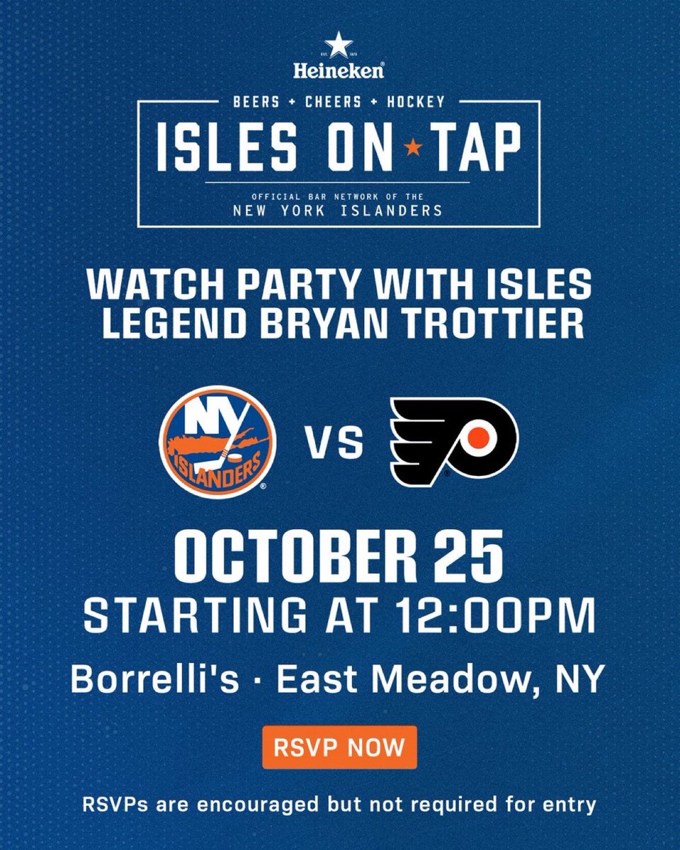 NYIslanders's tweet image. The #Isles on Tap Watch Party presented by @Heineken_US is headed to Borrelli's this Saturday!
RSVP for a fun day with #IslesNation with food specials, giveaways, and meet and greets with Islanders Legend Bryan Trottier.
RSVP now: bit.ly/42VbDyJ