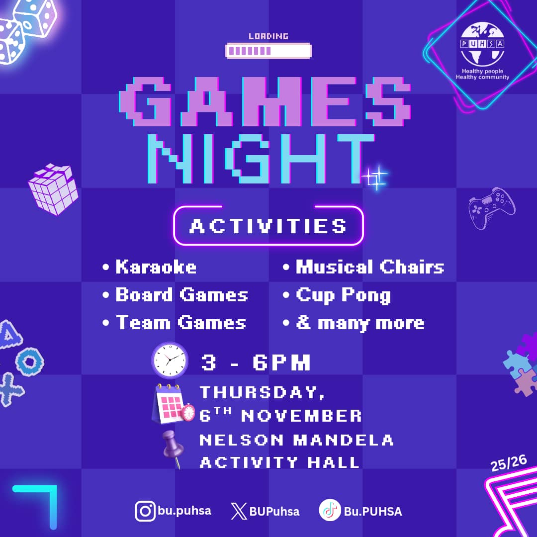 BUPuhsa's tweet photo. We are excited to let you know that our Games Night 🎮🎲 is happening Thursday, 6th November 🥳💃🏿

It is going to be a fun time filled with laughter, competition, and good vibes 😎
You don’t want to miss it 🙂‍↕️

Be there!!!! 🔥 https://t.co/ywR8gs8gdy