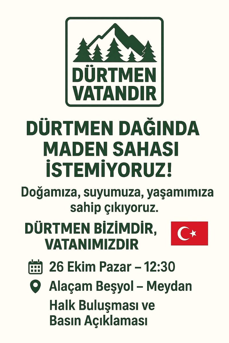 Samsun Alaçam Dürtmen dağında madenlere geçit yok! Samsun 'lu Karıncalar dayanışmaya ortak olun, ses verin! Bu katliama sessiz kalmayın.Samsun'un su havzalarına karışıcak olan kimyasallar hayatı tehlike taşımaktadır. #dürtmendağı #toprağımızııvermiyoruz #KarıncalarBi̇rleşin