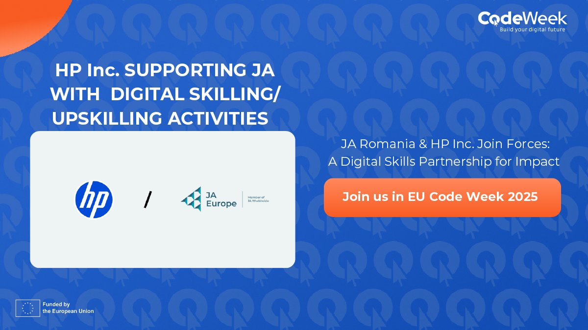 JARomania's tweet image. Cu prilejul #EUCodeWeek, suntem mândri să anunțăm o nouă colaborare între #JARomania și @HP Inc.!
Descoperiți programul EU Code Week: codeweek.eu/blog/code-week…
Împreună cu #HP Inc., le oferim tinerilor și cadrelor didactice sprijinul pentru a-și îmbunătăți cunoștințele digitale! 💻