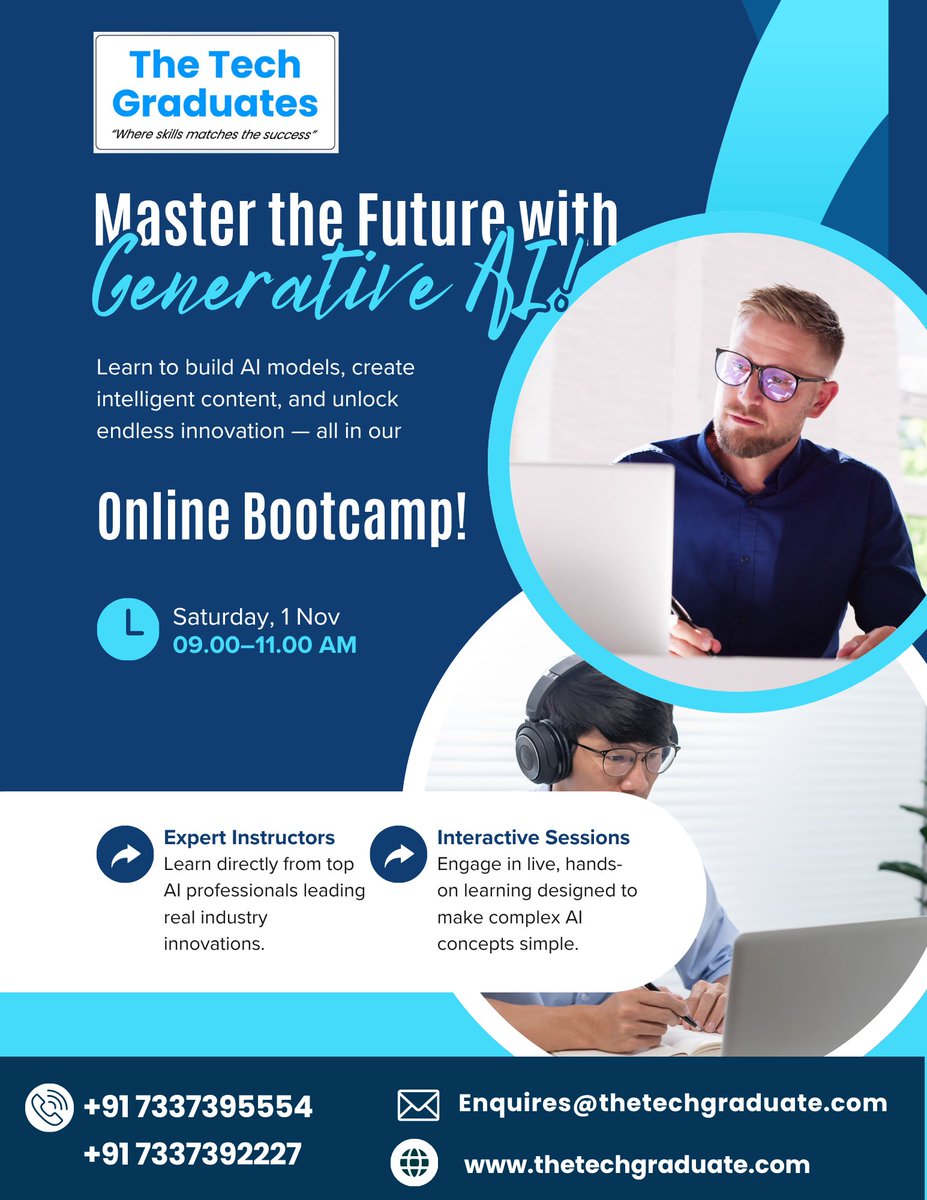 theTechGraduate's tweet image. Master Generative AI with Real-World Projects!
Learn to build intelligent systems that create, innovate, and transform the future. 📲 Call: +91 7337395554 | ✉️ Enquires@thetechgraduate.com
🌐 Enroll Now → thetechgraduate.com