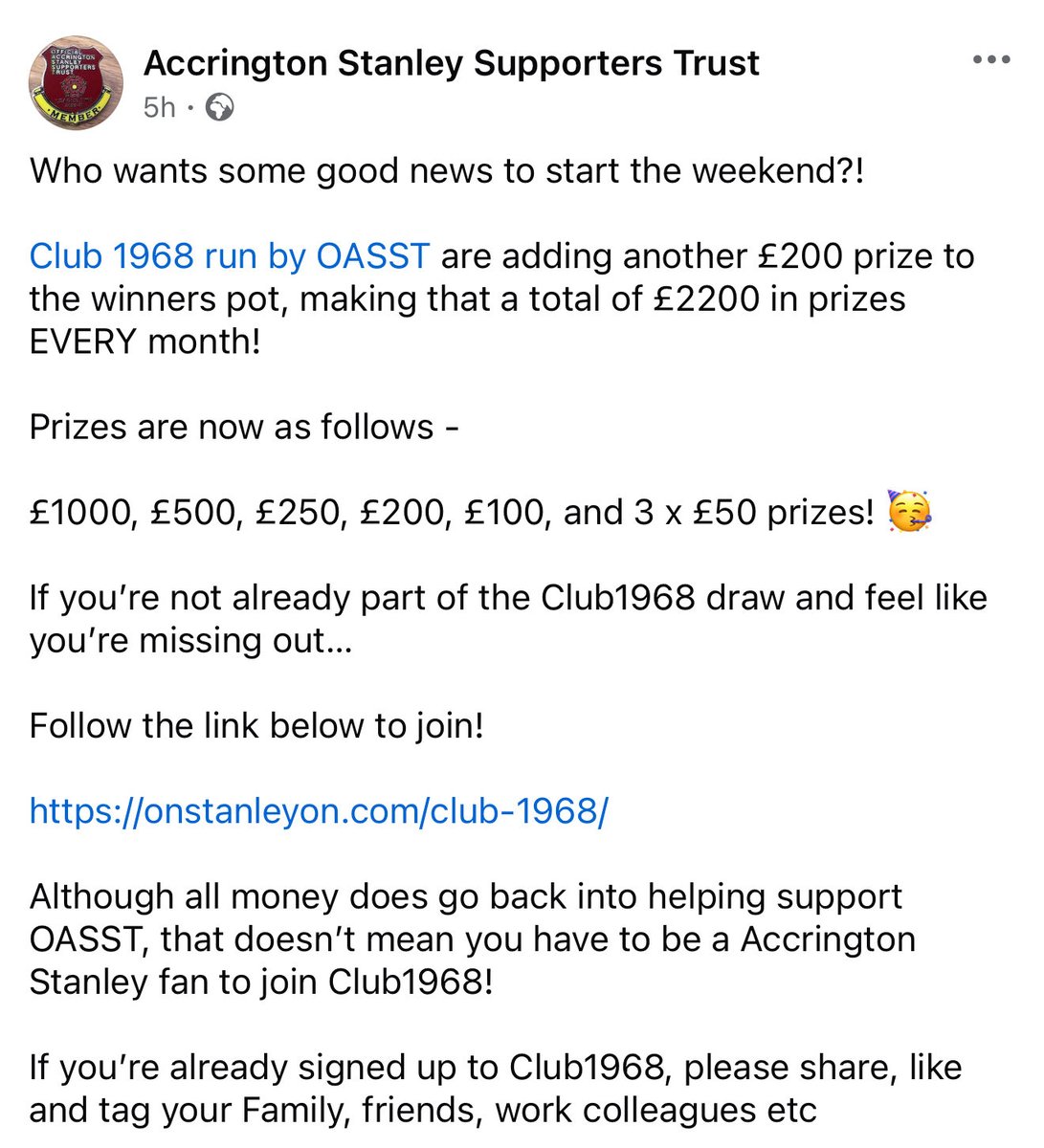 onstanleyon.com/club-1968/

More money added into the prize pot for the next draw ! <a href="/ASFCofficial/">Accrington Stanley</a> <a href="/ASFCPlayers/">Past And Present ASFC</a> <a href="/ASFCcommunity/">Accrington Stanley Community Trust</a> <a href="/officalassc1/">@officialassc</a>