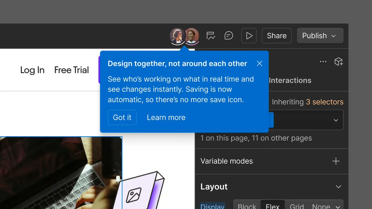 webflowerco's tweet image. 🤝 Real-time collaboration is rolling out to all Webflow customers

Work side-by-side with your team on the same page, in real time.
✅ See teammates’ avatars and live edits
✅ No more design handoffs
✅ Faster, smoother teamwork

Gradual rollout over the next few weeks.

🔗…